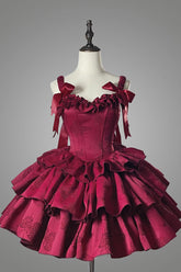 BXOXO - Wine Red Sleeveless Multi-layer Ruffle Bowknot Fish Bone Gothic Lolita Jsk Dress